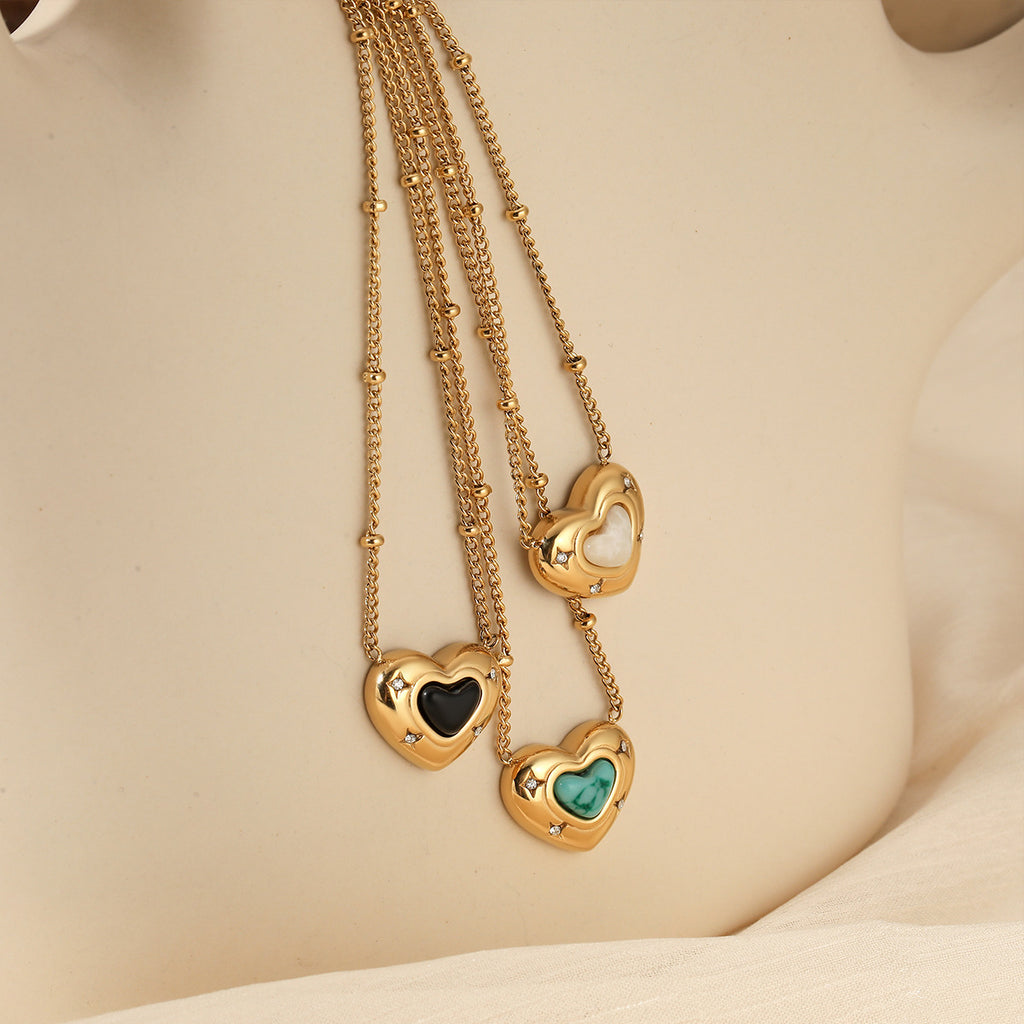 Customizable 18K PVD Gold Plated Stainless Steel Chain Trendy Natural Stone Heart Pendant with White Zircons Necklaces