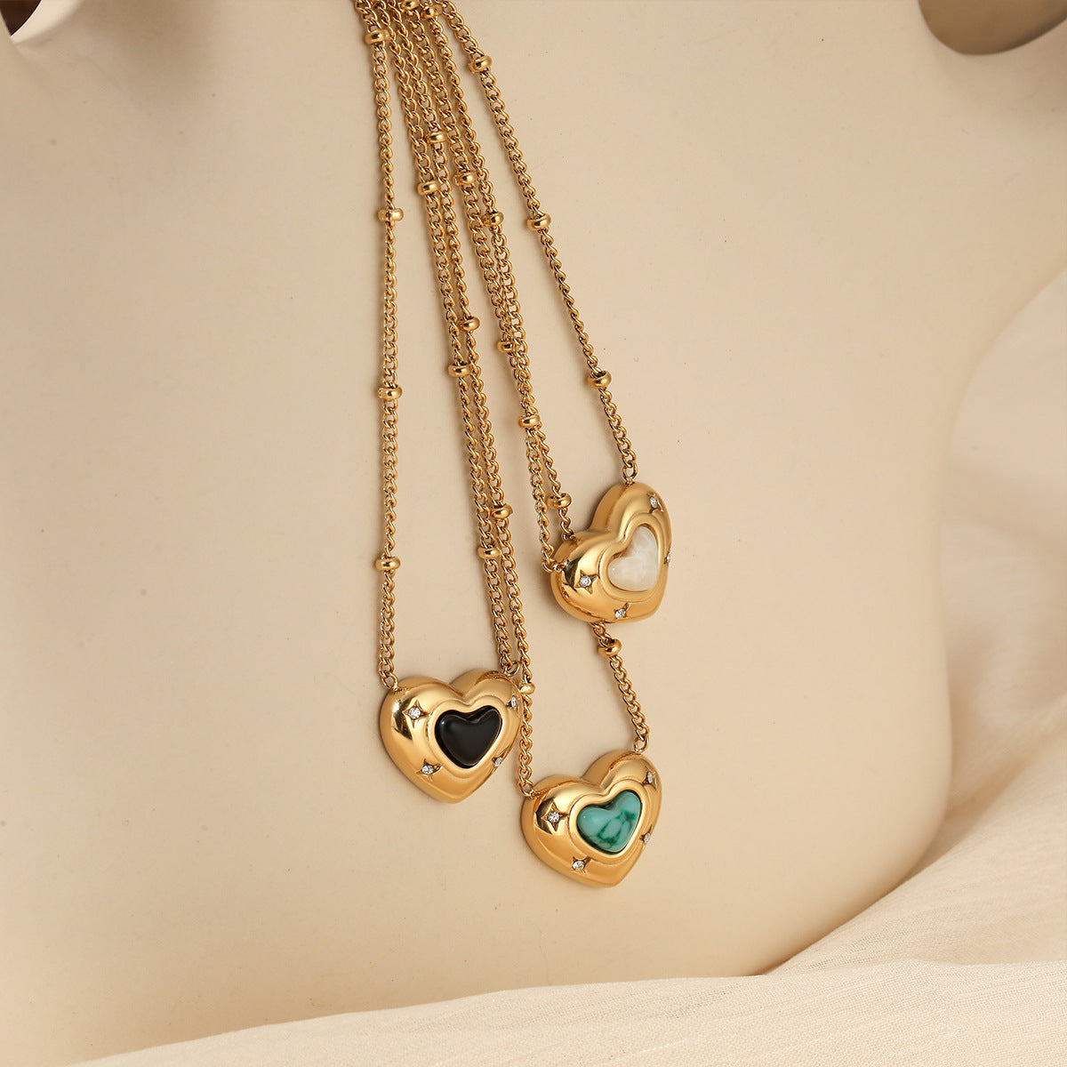 Customizable 18K PVD Gold Plated Stainless Steel Chain Trendy Natural Stone Heart Pendant with White Zircons Necklaces