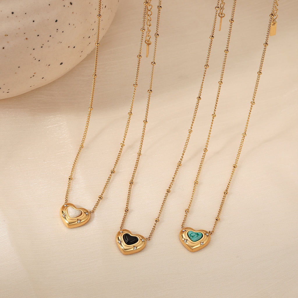 Customizable 18K PVD Gold Plated Stainless Steel Chain Trendy Natural Stone Heart Pendant with White Zircons Necklaces