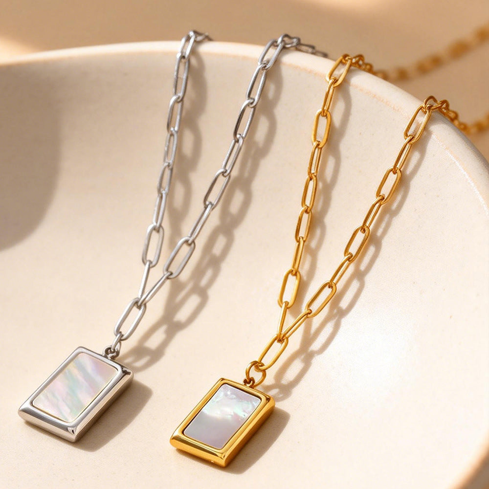 MH Unisex Trendy Stainless Steel 18K Gold Plated Natural Shell Rectangular Link Chain Pendant Necklace for Party