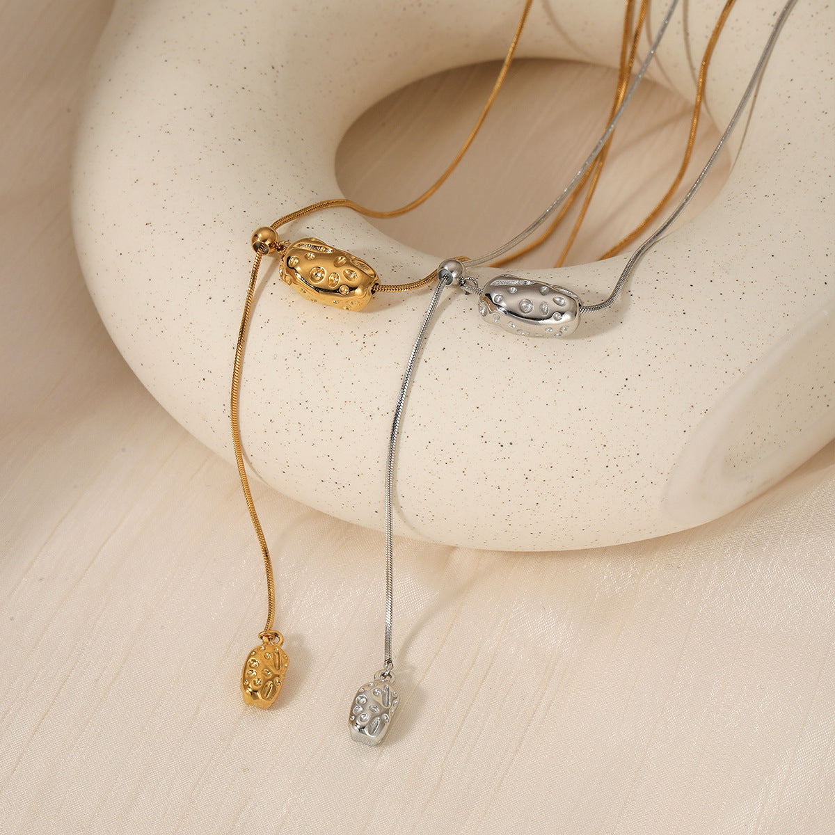 18K Gold Plated Stainless Steel Rope Slide Link Chain Geometric Pendant Adjustable Choker Necklace Unisex Trendy Light Gift