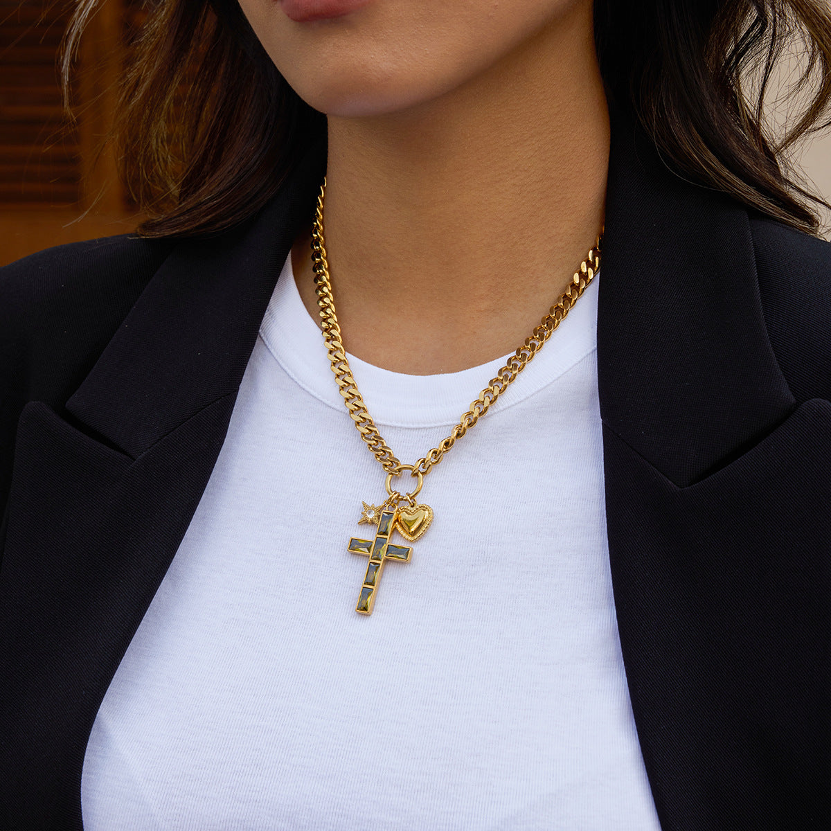 Customizable 18k Gold Plated Stainless Steel Cross Heart Star Pendant Necklace for Women Trendy Chains with Zircon for Parties