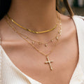 Women's 18K Gold Stainless Steel White Zircon Cross Pendant Necklace Waterproof Link Chain Jewelry