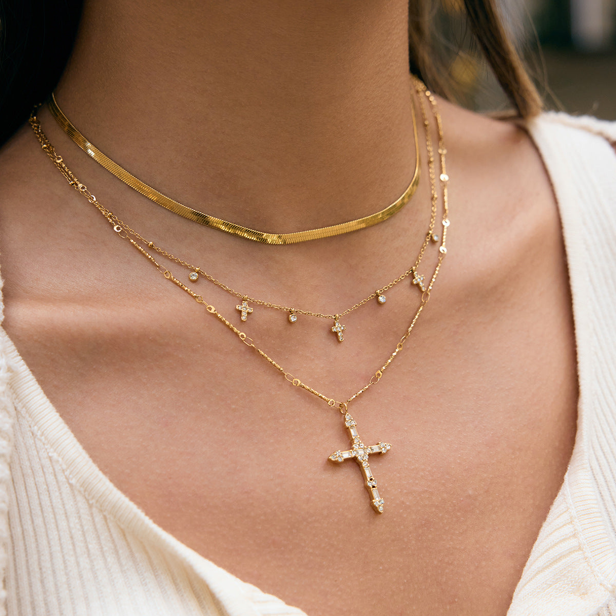 Women's 18K Gold Stainless Steel White Zircon Cross Pendant Necklace Waterproof Link Chain Jewelry