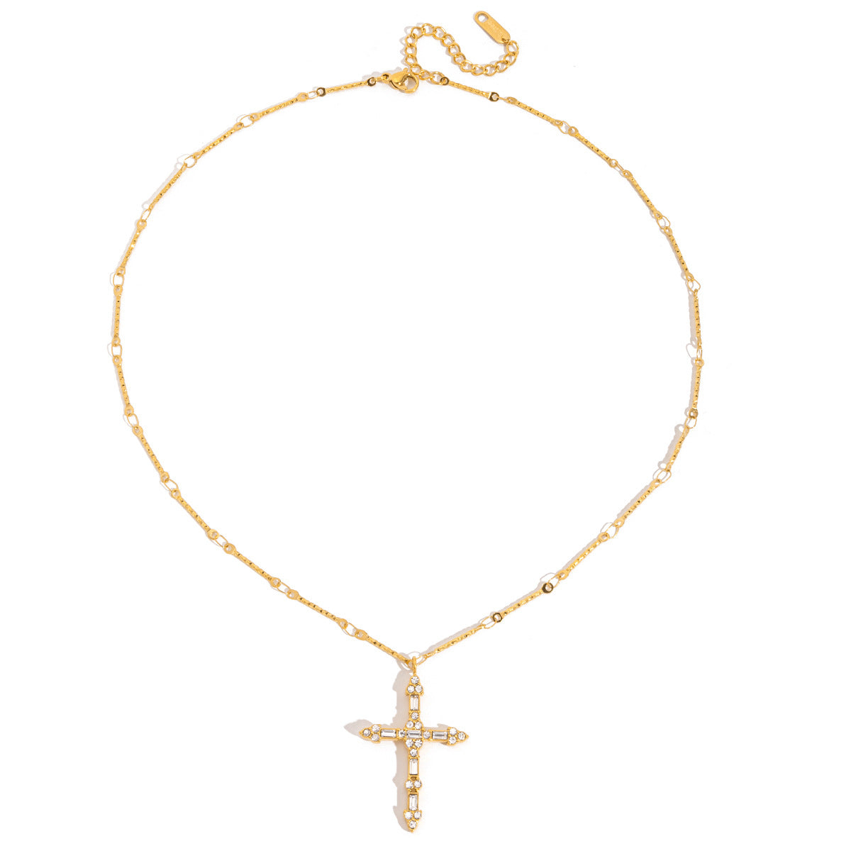 Women's 18K Gold Stainless Steel White Zircon Cross Pendant Necklace Waterproof Link Chain Jewelry
