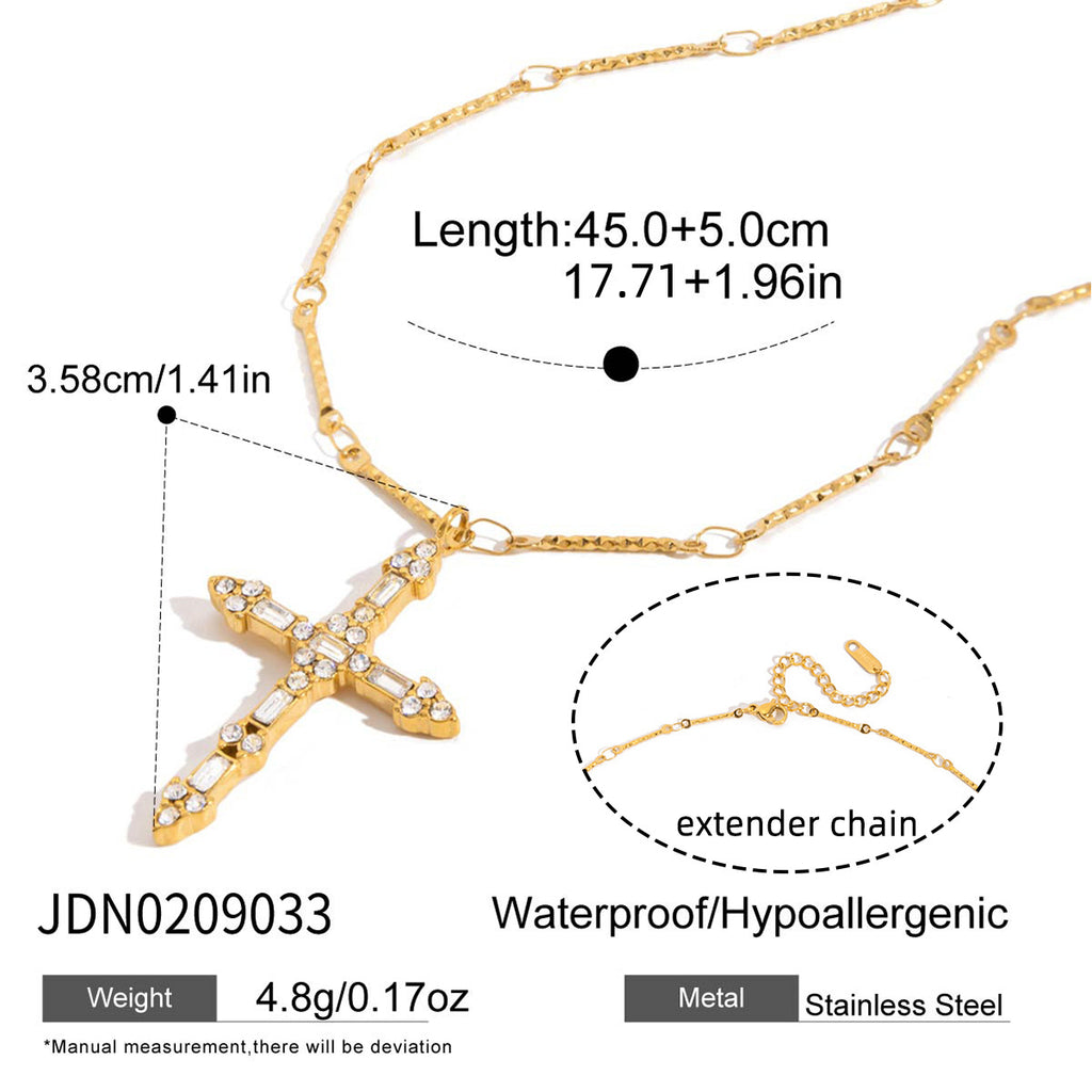 Women's 18K Gold Stainless Steel White Zircon Cross Pendant Necklace Waterproof Link Chain Jewelry