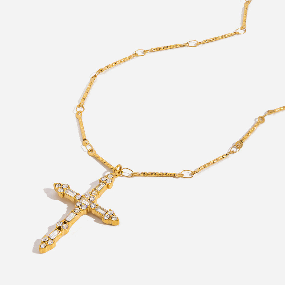 Women's 18K Gold Stainless Steel White Zircon Cross Pendant Necklace Waterproof Link Chain Jewelry