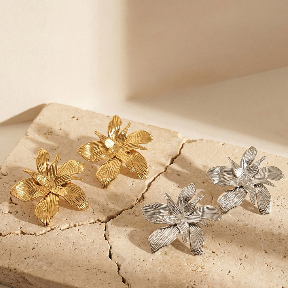 Double-layer Large Flower Stud Earrings Women's Trendy Party Elegant Personalized Stainless Steel 18K Gold Plated Fashion