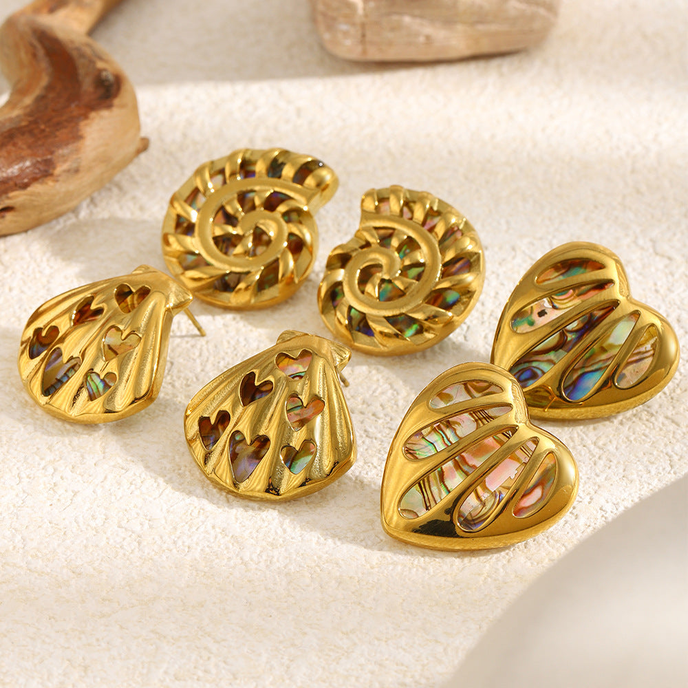 Bohemia Fashion Stainless Steel 18K Gold Plated Hollowed-Out Abalone Shell Stud Earrings Waterproof Hypoallergenic Anniversary