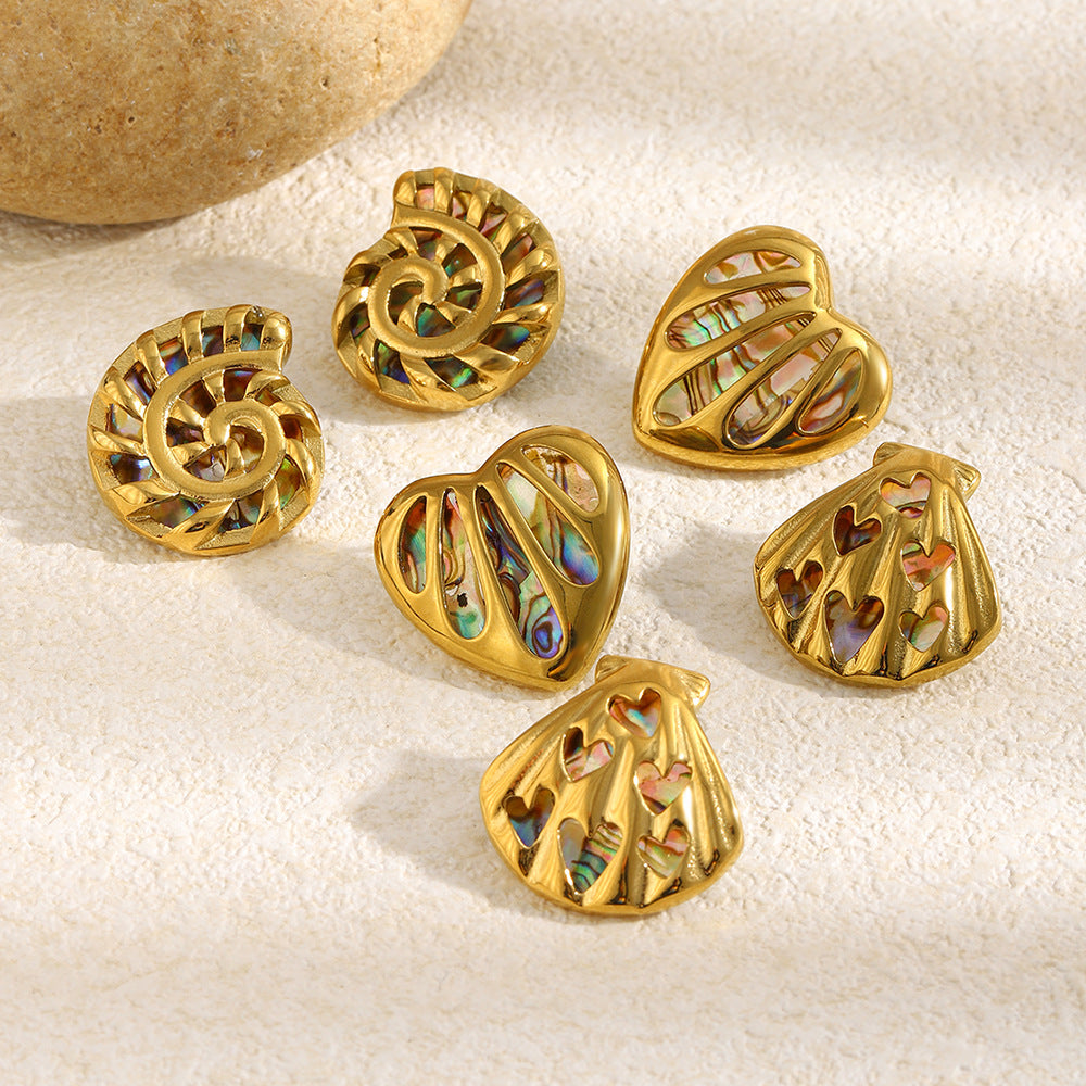 Bohemia Fashion Stainless Steel 18K Gold Plated Hollowed-Out Abalone Shell Stud Earrings Waterproof Hypoallergenic Anniversary