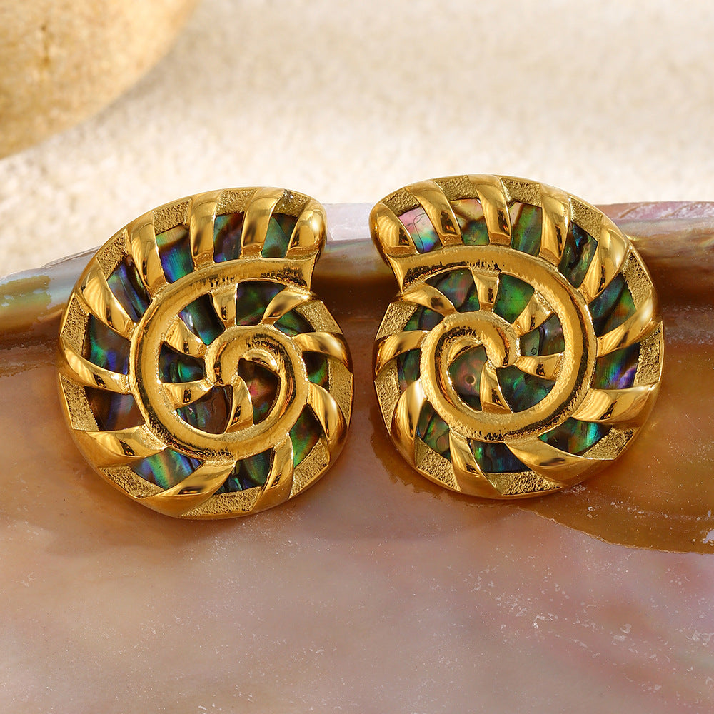 Bohemia Fashion Stainless Steel 18K Gold Plated Hollowed-Out Abalone Shell Stud Earrings Waterproof Hypoallergenic Anniversary