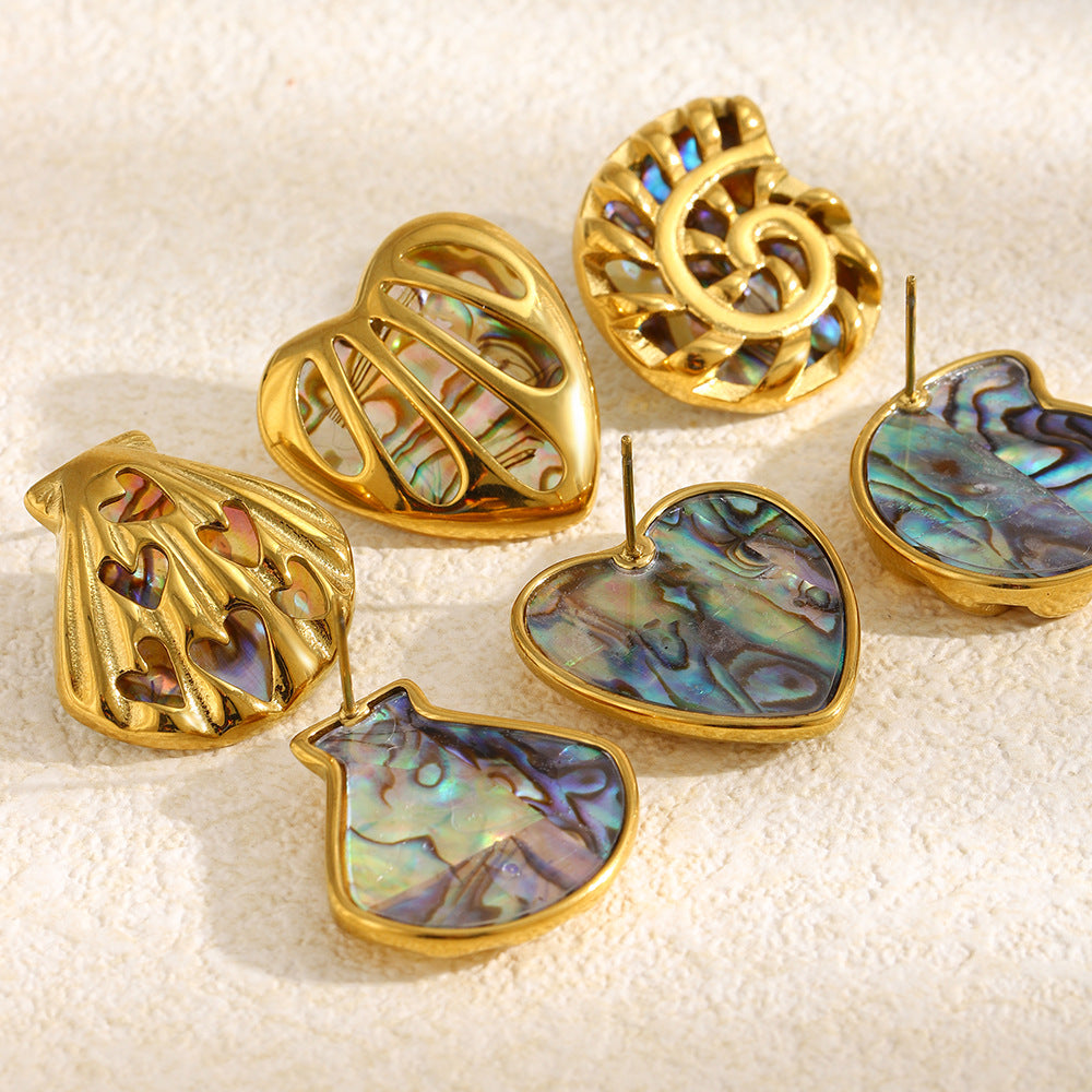 Bohemia Fashion Stainless Steel 18K Gold Plated Hollowed-Out Abalone Shell Stud Earrings Waterproof Hypoallergenic Anniversary