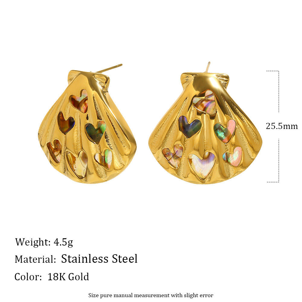 Bohemia Fashion Stainless Steel 18K Gold Plated Hollowed-Out Abalone Shell Stud Earrings Waterproof Hypoallergenic Anniversary