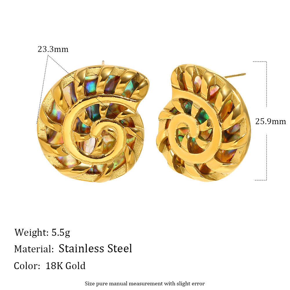 Bohemia Fashion Stainless Steel 18K Gold Plated Hollowed-Out Abalone Shell Stud Earrings Waterproof Hypoallergenic Anniversary