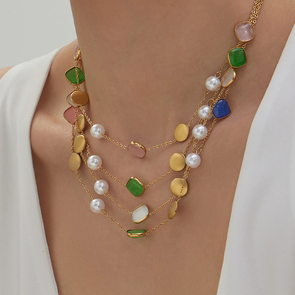 Tiger Eye Stone Pearls Stainless Steel 18K Gold PVD Bohemia Link Chain Necklaces Wholesale for Women Fashion Jewelry Party