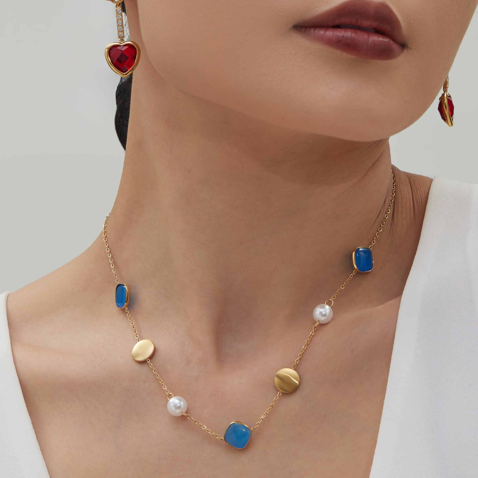 Tiger Eye Stone Pearls Stainless Steel 18K Gold PVD Bohemia Link Chain Necklaces Wholesale for Women Fashion Jewelry Party