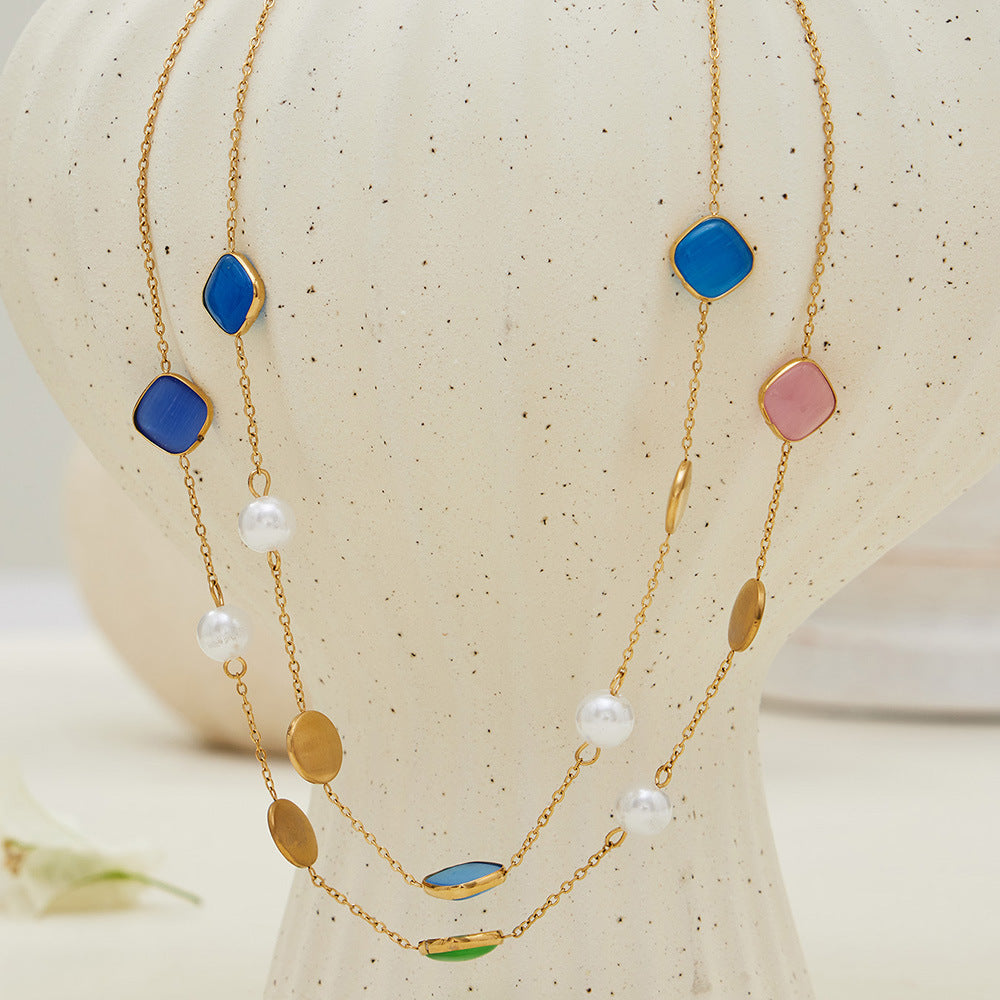 Tiger Eye Stone Pearls Stainless Steel 18K Gold PVD Bohemia Link Chain Necklaces Wholesale for Women Fashion Jewelry Party