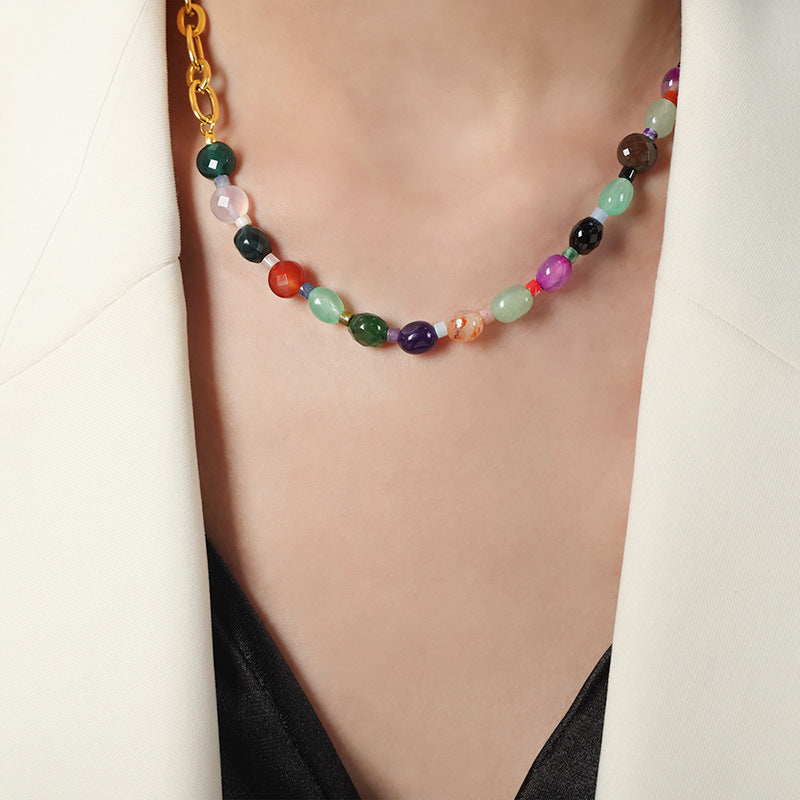 Customizable Vintage Necklace with Natural Stones and 18K Gold Plated Stainless Steel for Party Occasions