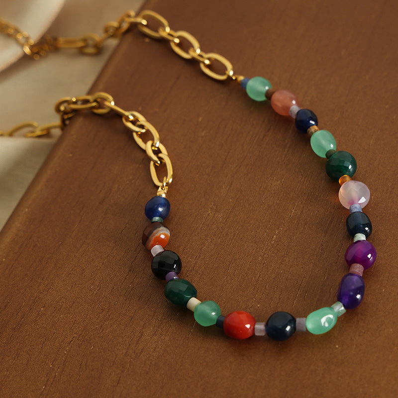 Customizable Vintage Necklace with Natural Stones and 18K Gold Plated Stainless Steel for Party Occasions