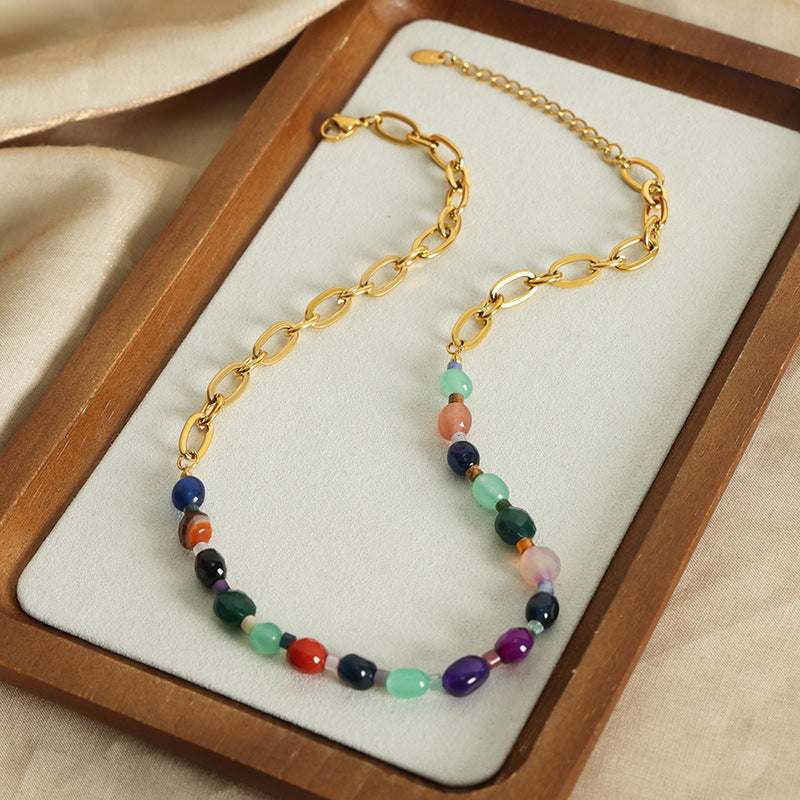 Customizable Vintage Necklace with Natural Stones and 18K Gold Plated Stainless Steel for Party Occasions