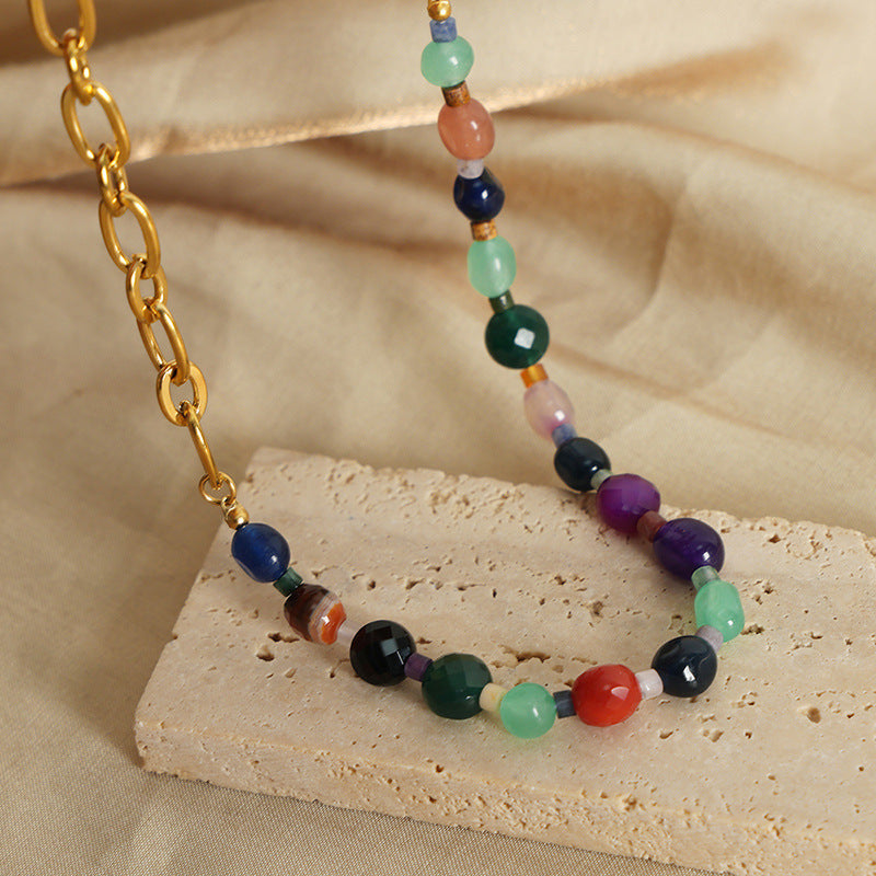 Customizable Vintage Necklace with Natural Stones and 18K Gold Plated Stainless Steel for Party Occasions