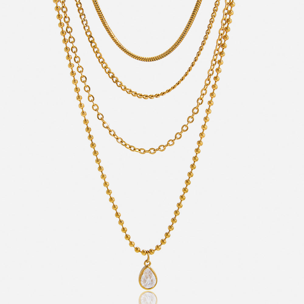 New Arrival 4-Layer Chains Stainless Steel 18K Gold Plated White Zircon Waterdrop Pendant Necklaces Cute Unisex Party Wholesale