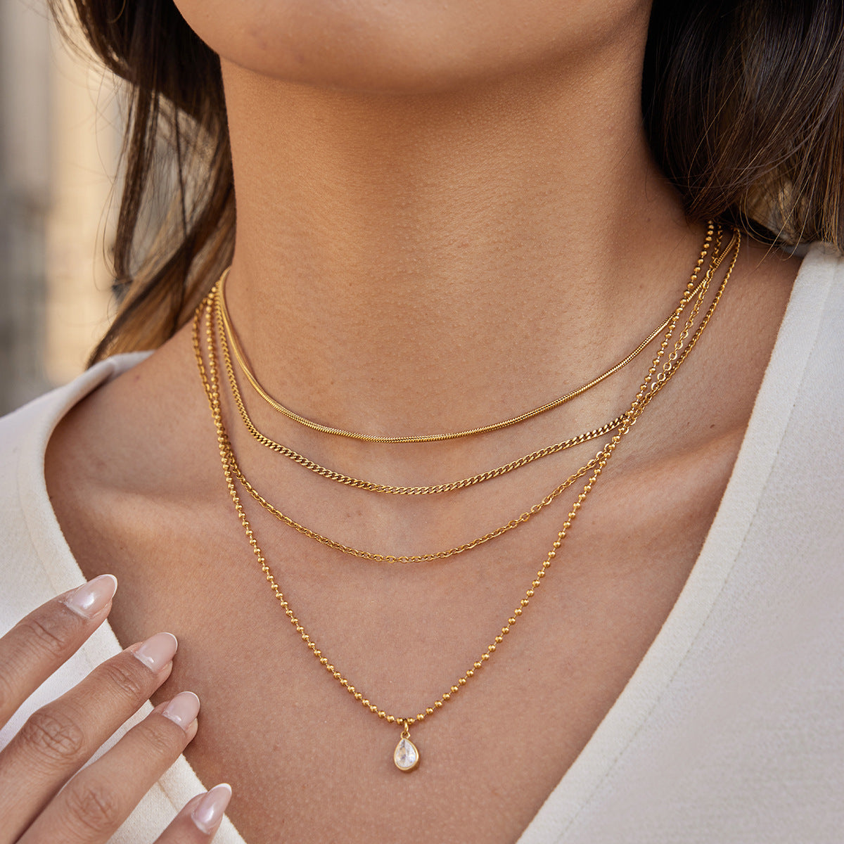 New Arrival 4-Layer Chains Stainless Steel 18K Gold Plated White Zircon Waterdrop Pendant Necklaces Cute Unisex Party Wholesale