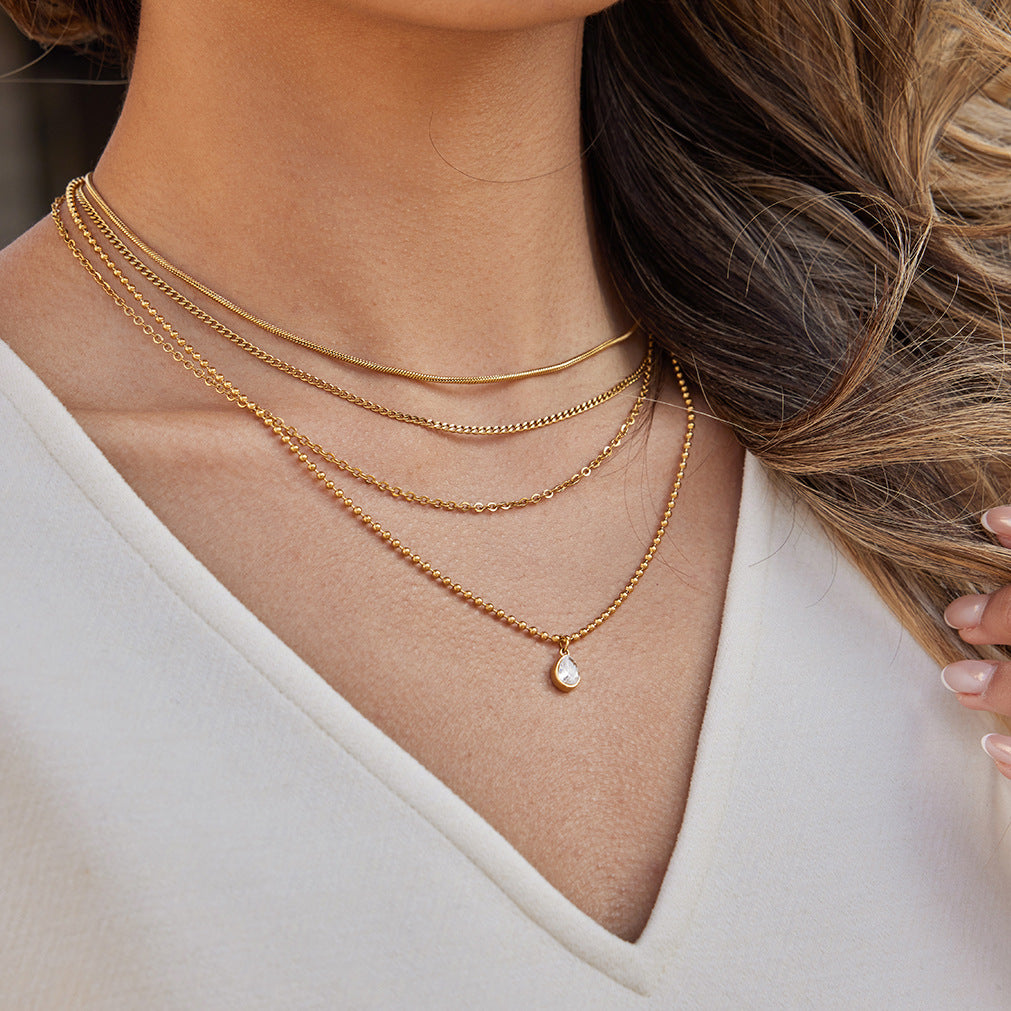 New Arrival 4-Layer Chains Stainless Steel 18K Gold Plated White Zircon Waterdrop Pendant Necklaces Cute Unisex Party Wholesale