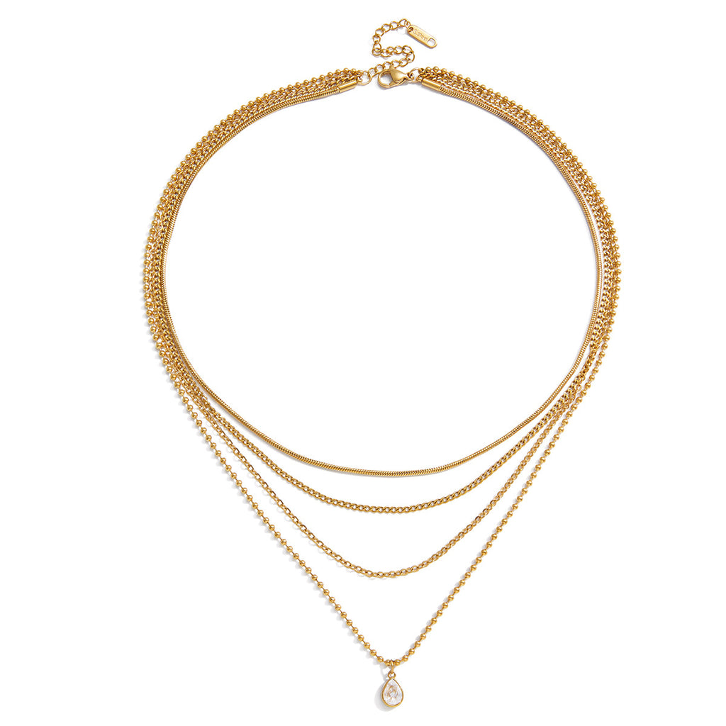 New Arrival 4-Layer Chains Stainless Steel 18K Gold Plated White Zircon Waterdrop Pendant Necklaces Cute Unisex Party Wholesale