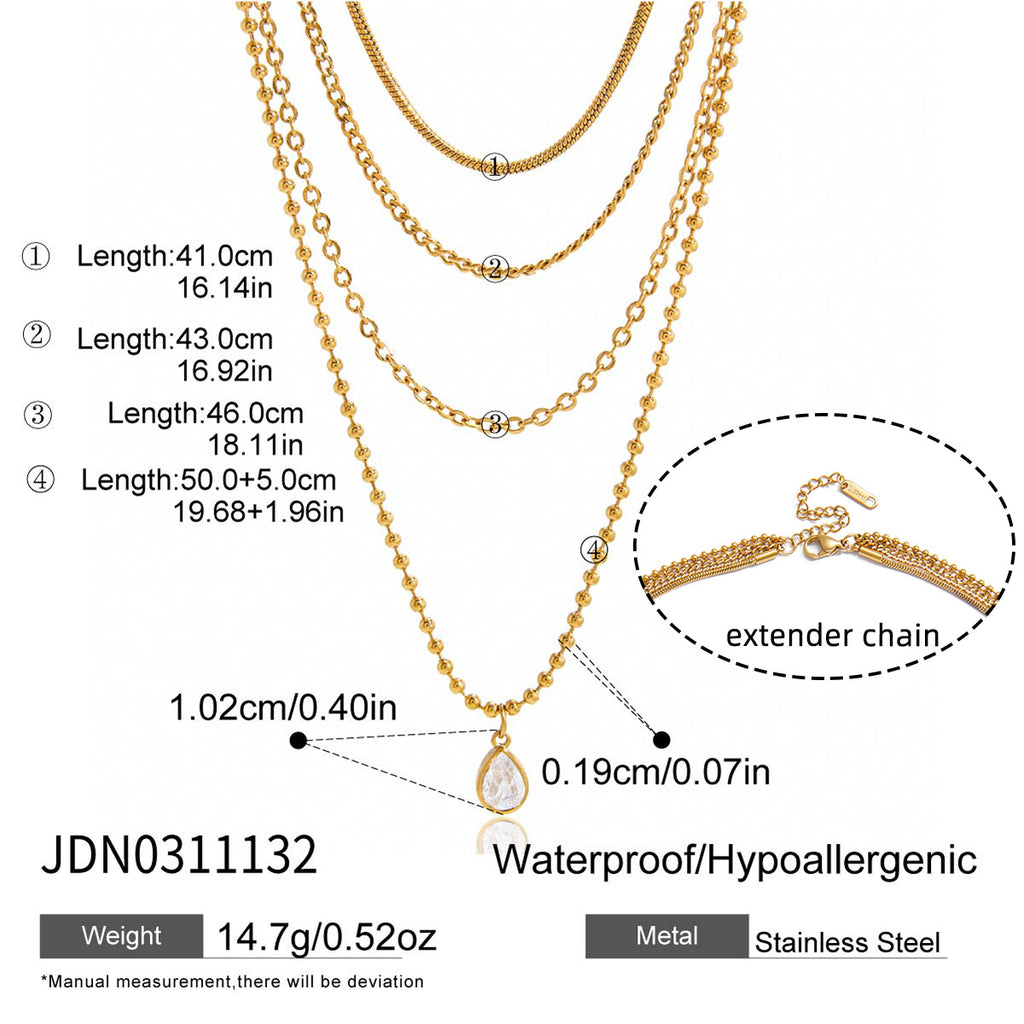 New Arrival 4-Layer Chains Stainless Steel 18K Gold Plated White Zircon Waterdrop Pendant Necklaces Cute Unisex Party Wholesale