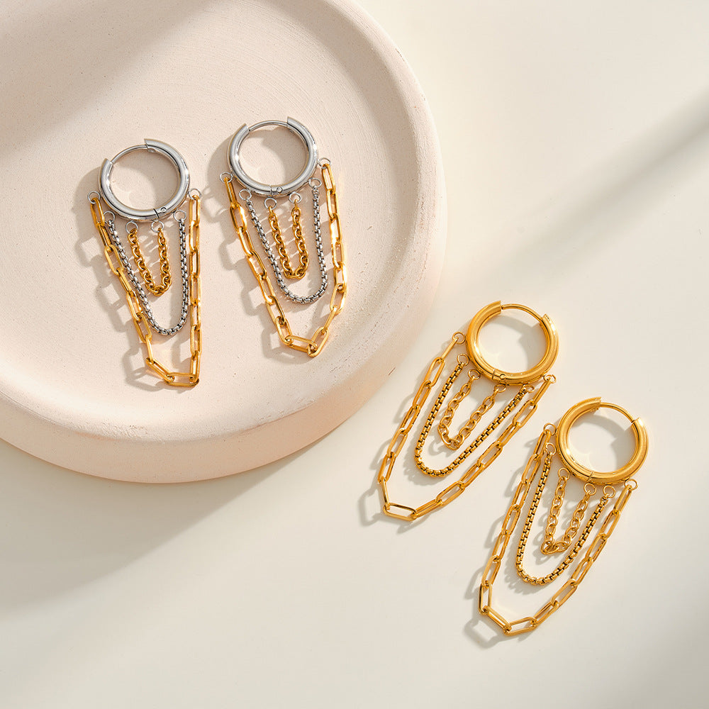 Customizable Stainless Steel Real Gold PVD Plated Fashion Jewelry Earrings with Tassel Two Tone Plated Waterproof Jewelry