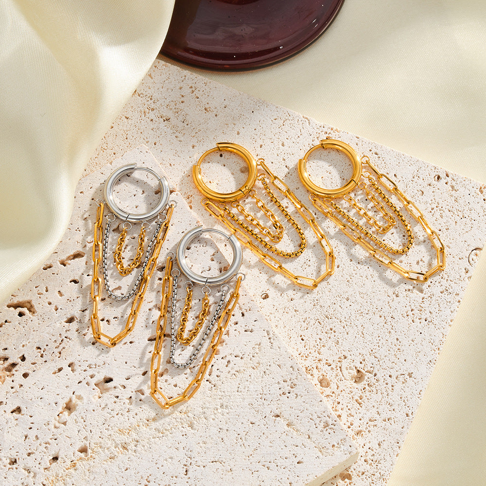 Customizable Stainless Steel Real Gold PVD Plated Fashion Jewelry Earrings with Tassel Two Tone Plated Waterproof Jewelry