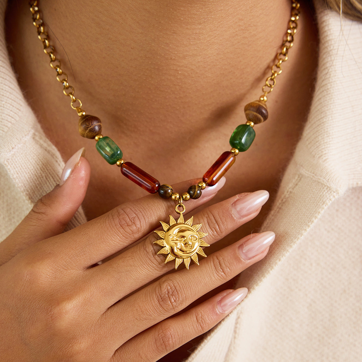 Unisex Trendy Stainless Steel 18K Gold Plated Stone Pendant Link Chain Necklace for Party