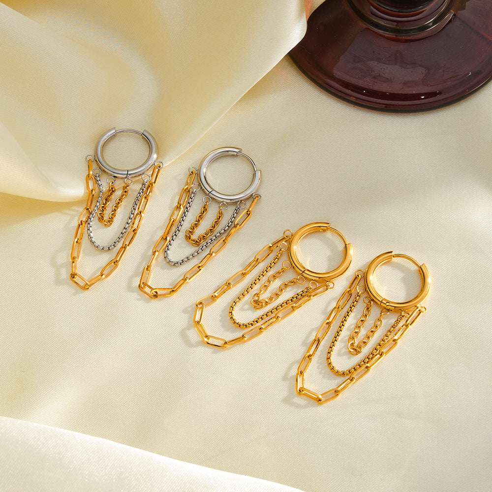 Customizable Stainless Steel Real Gold PVD Plated Fashion Jewelry Earrings with Tassel Two Tone Plated Waterproof Jewelry