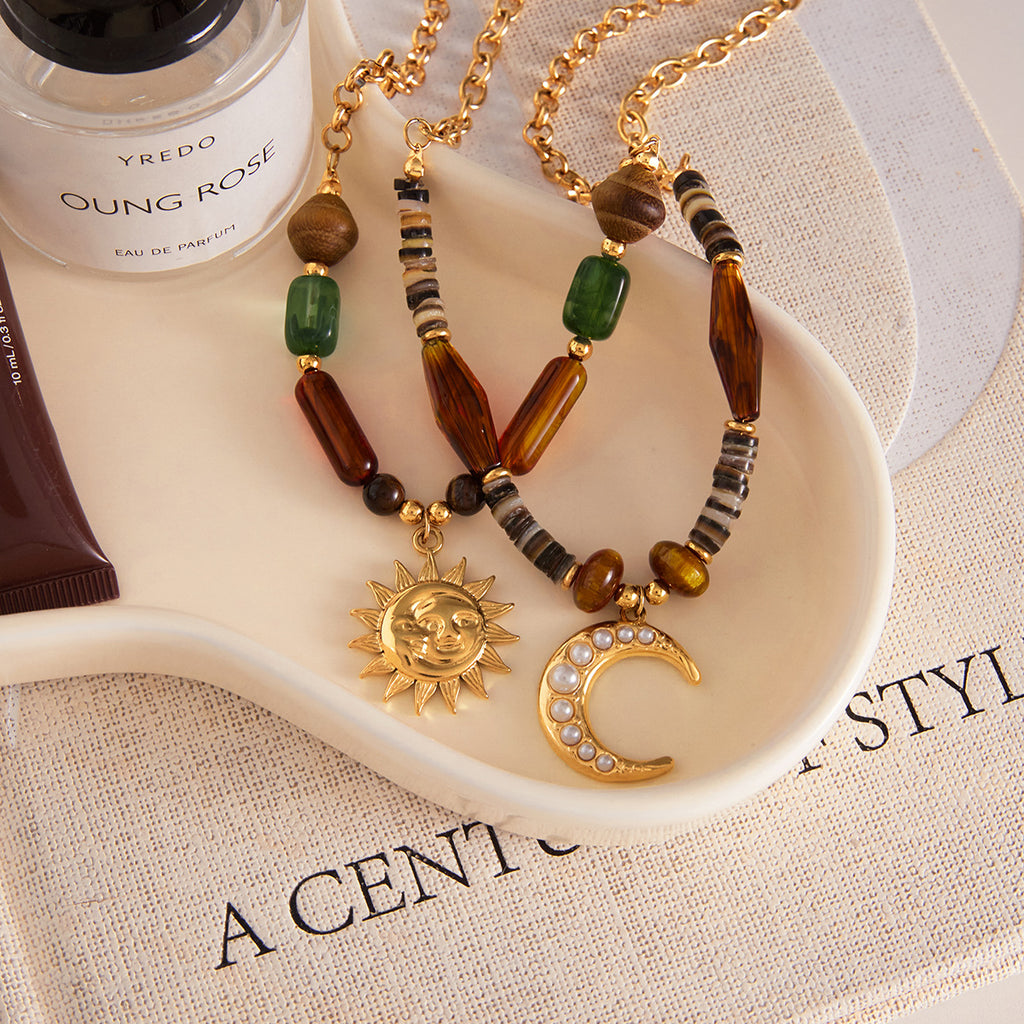 Unisex Trendy Stainless Steel 18K Gold Plated Stone Pendant Link Chain Necklace for Party