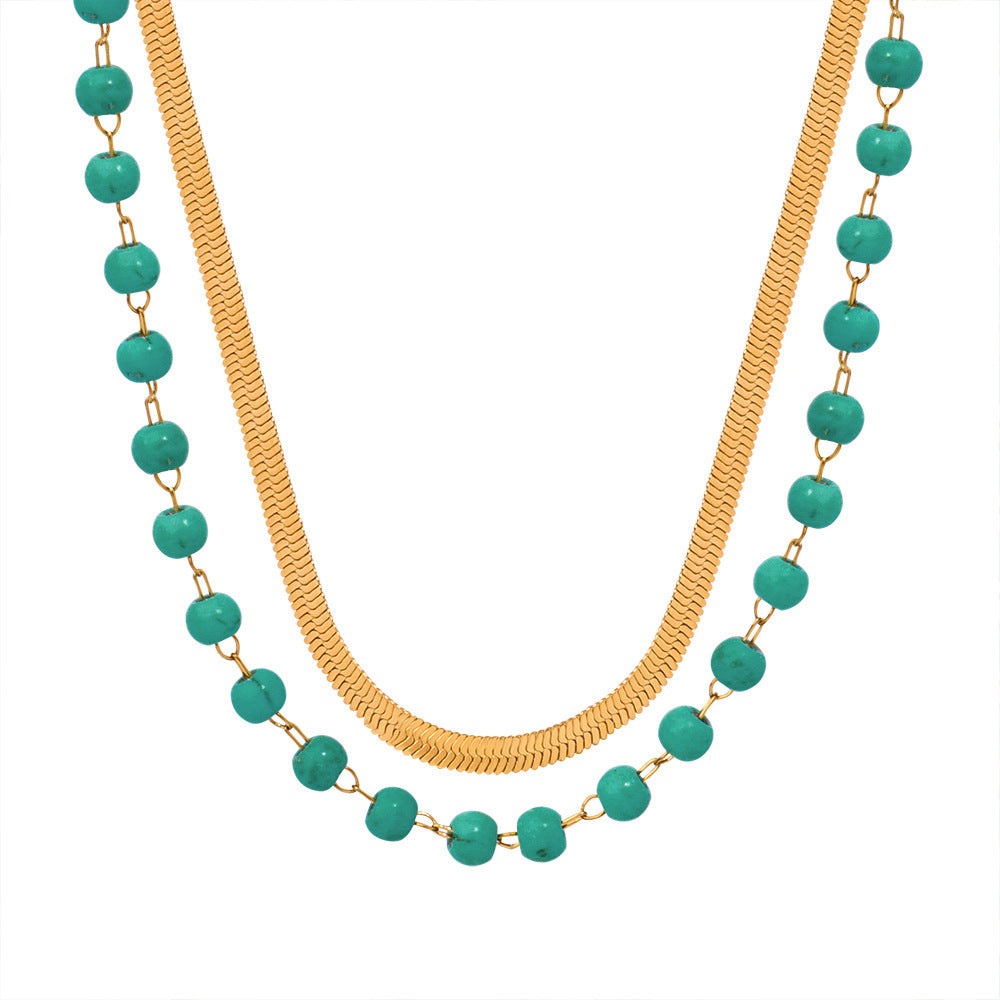 Customizable Natural Turquoise Stone Bohemian Beaded Stainless Steel 18K Gold Plated Two-Layer Fashion Jewelry Necklace for