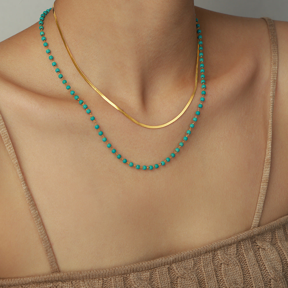 Customizable Natural Turquoise Stone Bohemian Beaded Stainless Steel 18K Gold Plated Two-Layer Fashion Jewelry Necklace for