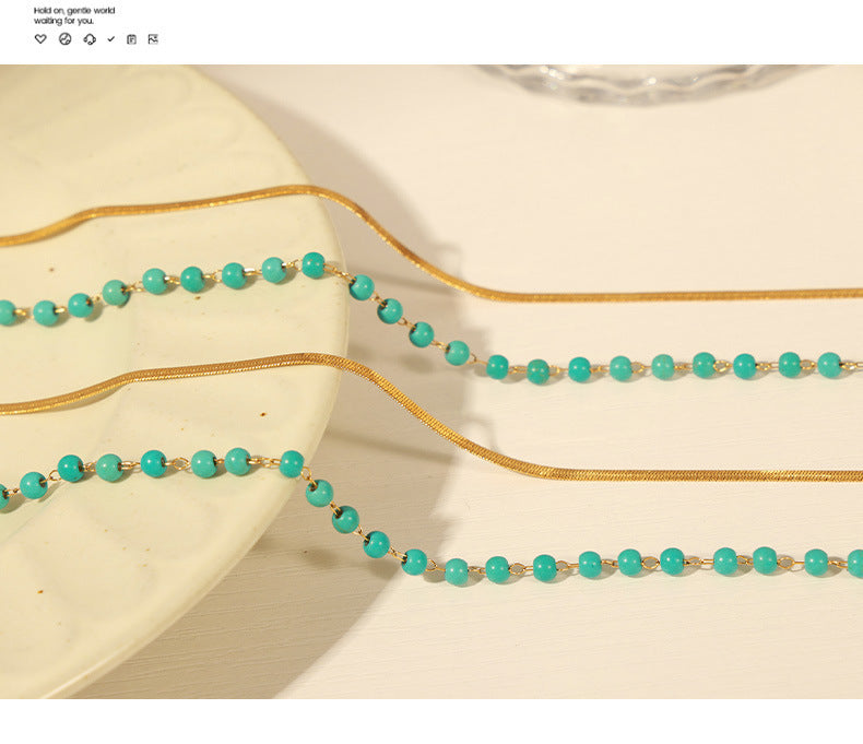 Customizable Natural Turquoise Stone Bohemian Beaded Stainless Steel 18K Gold Plated Two-Layer Fashion Jewelry Necklace for