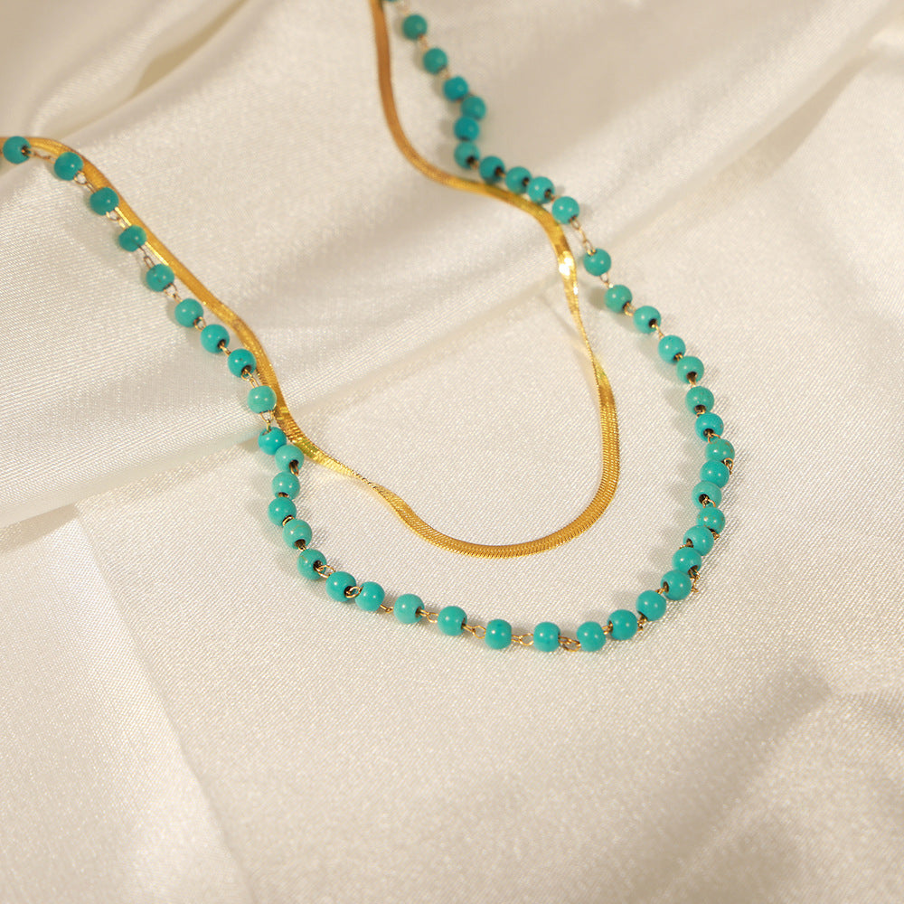 Customizable Natural Turquoise Stone Bohemian Beaded Stainless Steel 18K Gold Plated Two-Layer Fashion Jewelry Necklace for