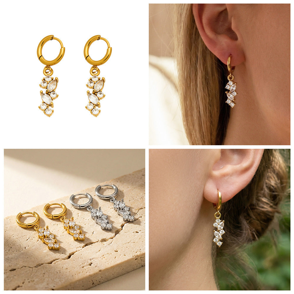 Customizable 18K Gold PVD Plated Long Drop Earrings Zircon Trendy Stainless Steel Jewelry Claw Setting Third Party Certified for