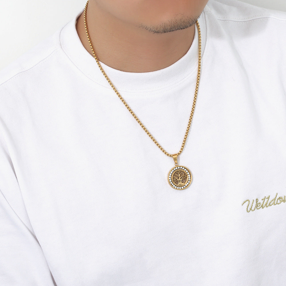 Customizable 18K Gold PVD Stainless Steel Necklace with Zirconia Tree of Life Unisex Lab Grown Diamond and Link Chain