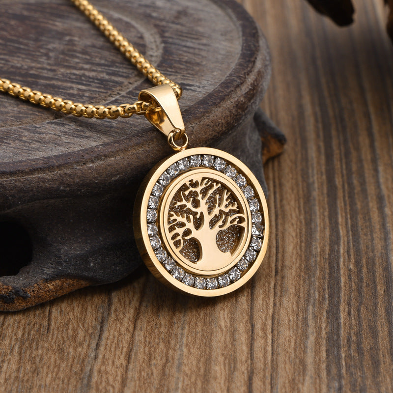 Customizable 18K Gold PVD Stainless Steel Necklace with Zirconia Tree of Life Unisex Lab Grown Diamond and Link Chain