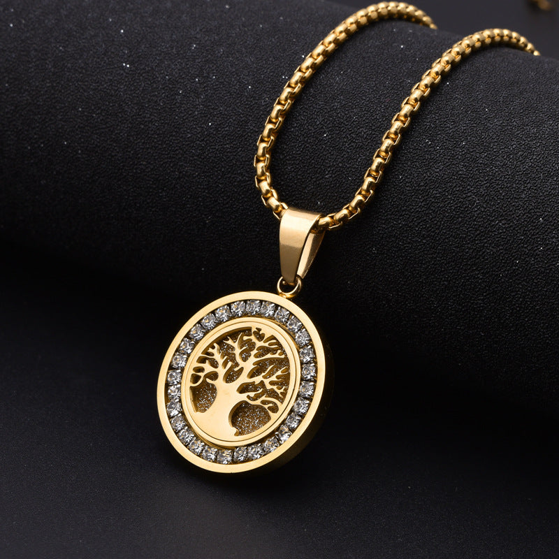 Customizable 18K Gold PVD Stainless Steel Necklace with Zirconia Tree of Life Unisex Lab Grown Diamond and Link Chain