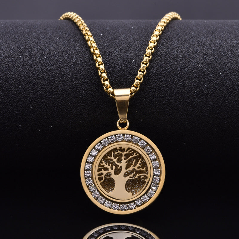 Customizable 18K Gold PVD Stainless Steel Necklace with Zirconia Tree of Life Unisex Lab Grown Diamond and Link Chain
