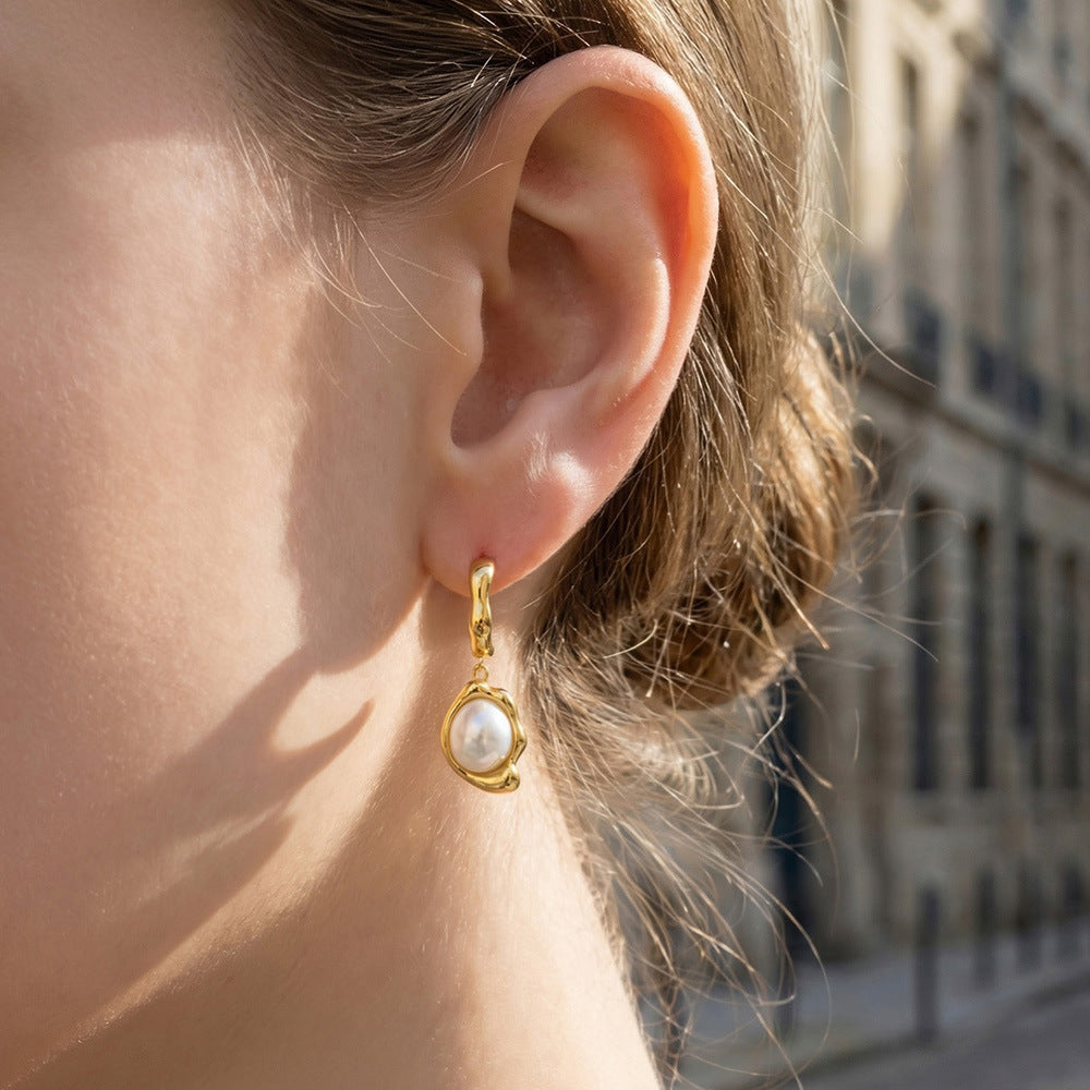 Trendy Vintage Stainless Steel Earrings 18K Gold Plated Pearl Pendant Women's Gift for Parties and Weddings