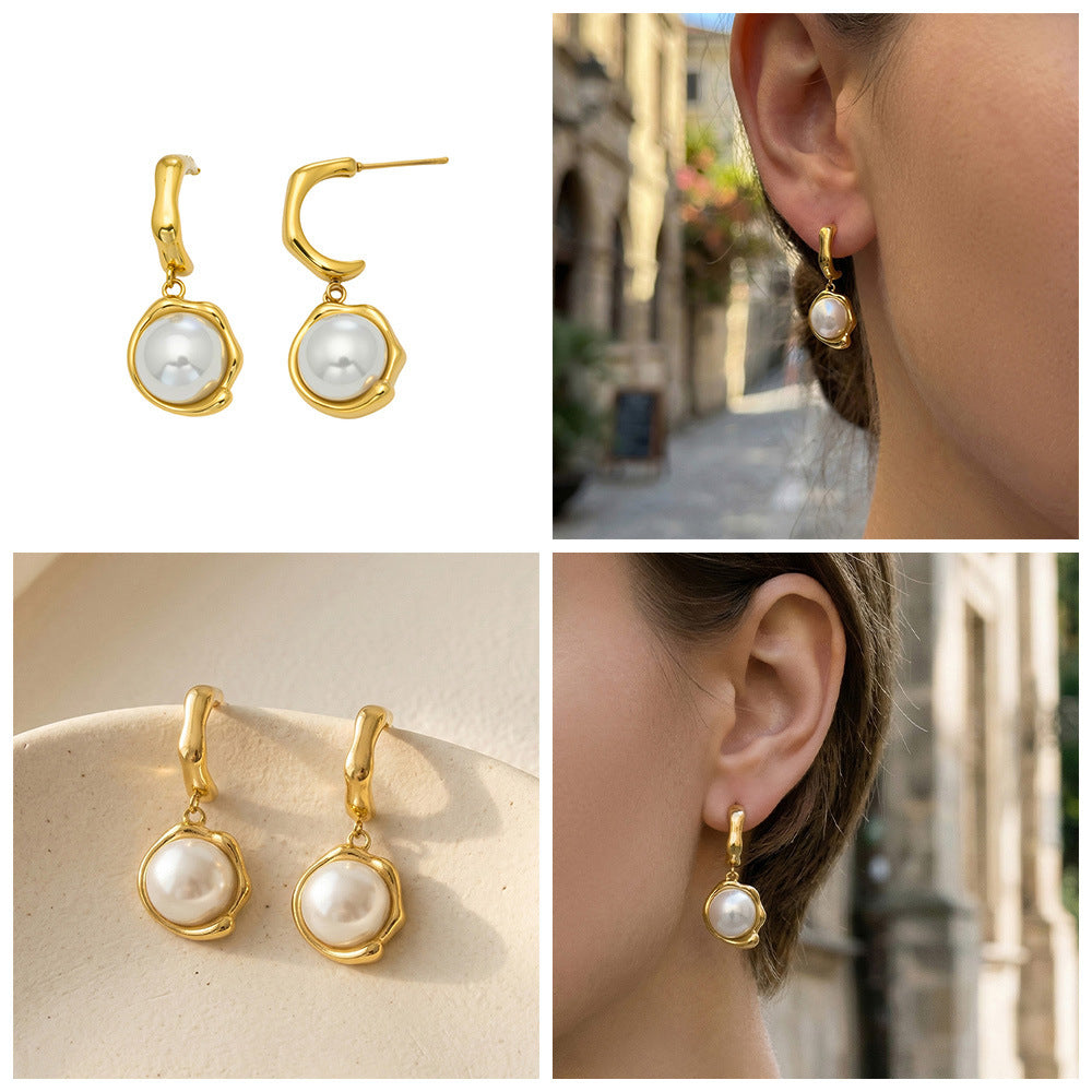 Trendy Vintage Stainless Steel Earrings 18K Gold Plated Pearl Pendant Women's Gift for Parties and Weddings