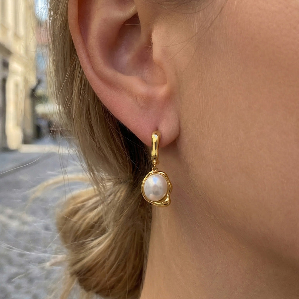 Trendy Vintage Stainless Steel Earrings 18K Gold Plated Pearl Pendant Women's Gift for Parties and Weddings