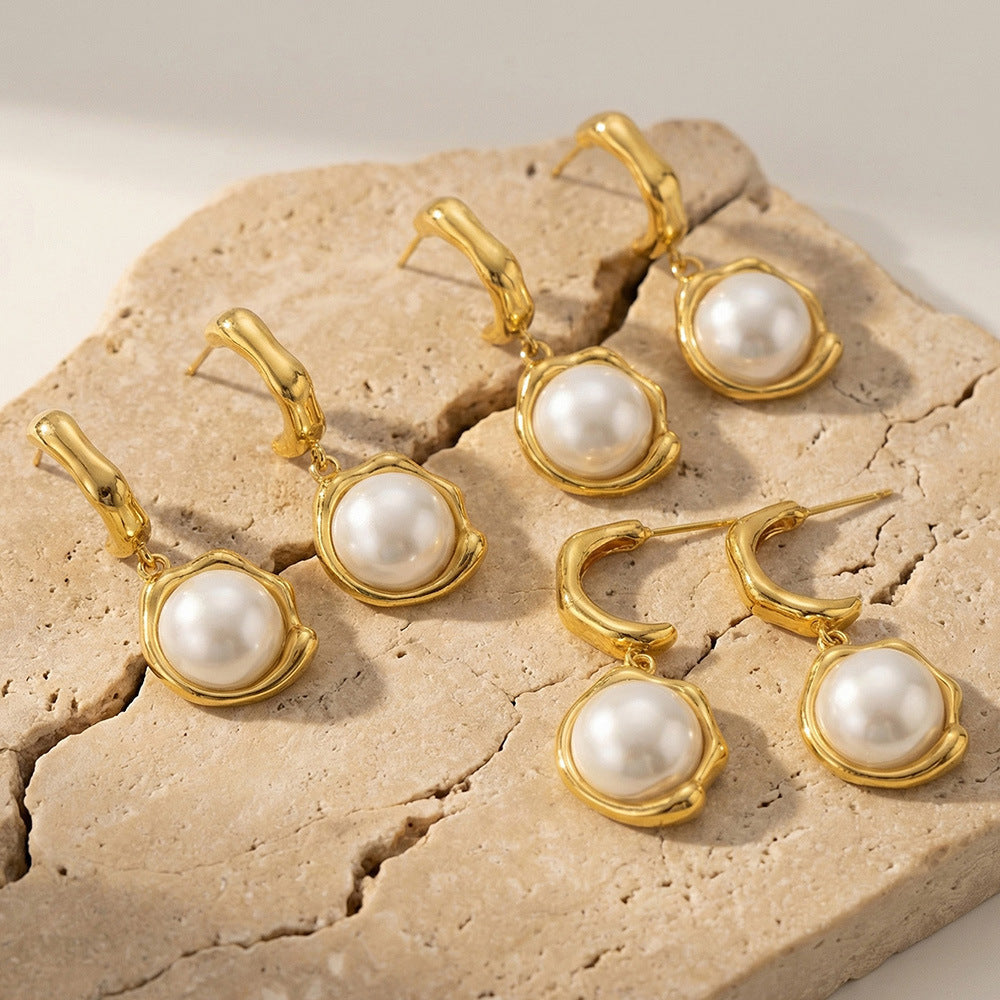 Trendy Vintage Stainless Steel Earrings 18K Gold Plated Pearl Pendant Women's Gift for Parties and Weddings