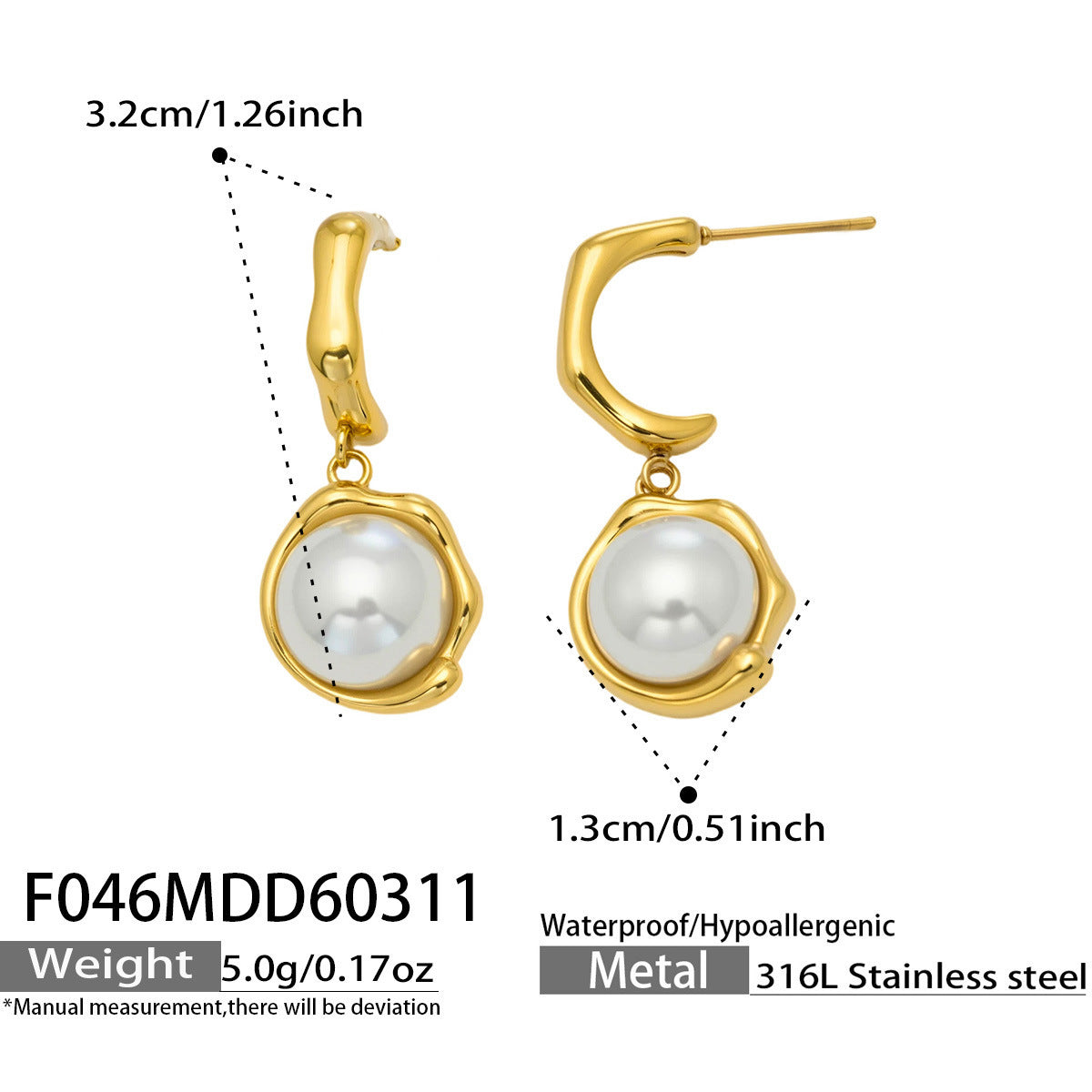 Trendy Vintage Stainless Steel Earrings 18K Gold Plated Pearl Pendant Women's Gift for Parties and Weddings
