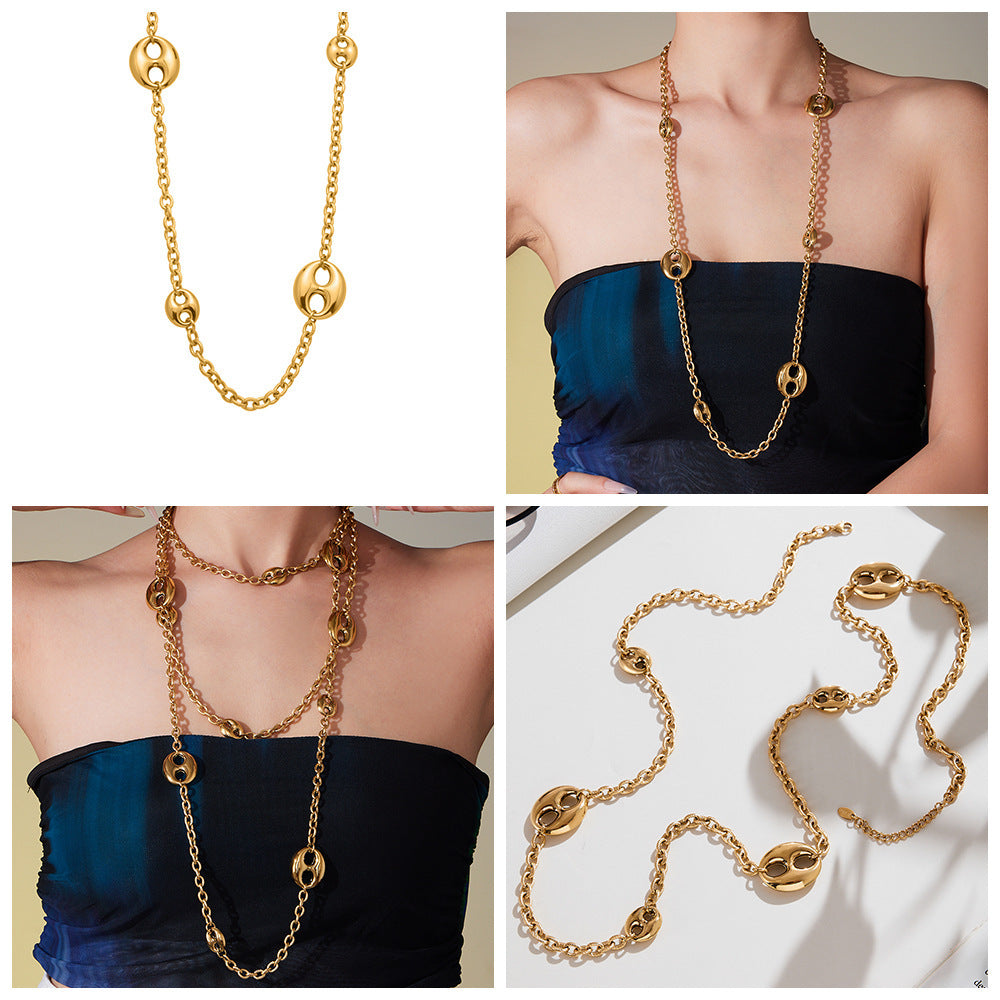 Customizable PVD 18k Gold Plated Stainless Steel Long Link Chain Trendy Crown-Shaped Sweater Necklaces for Girls for Parties